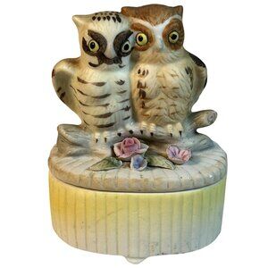 Vintage Two Owls on a Log Porcelain Trinket Box Jewelry Holder Birder Decor